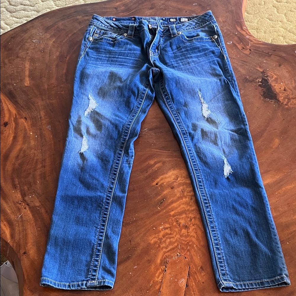 Miss Me Mid-Rise Cuffed Skinny Jeans in Blue